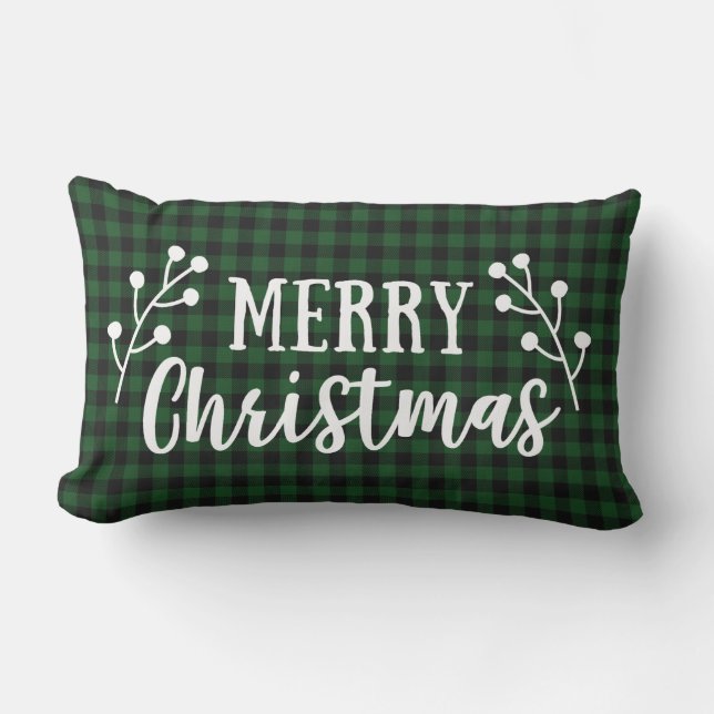 Farmhouse Script Merry Christmas Buffalo Check Lumbar Pillow (Front)