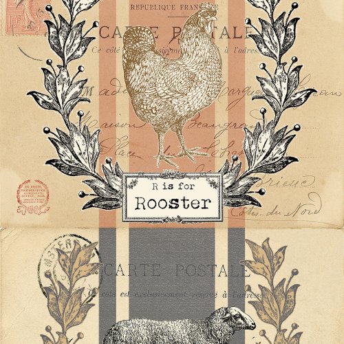 Farmhouse Sheep  Rooster Aged Postcard Decoupage Tissue Paper