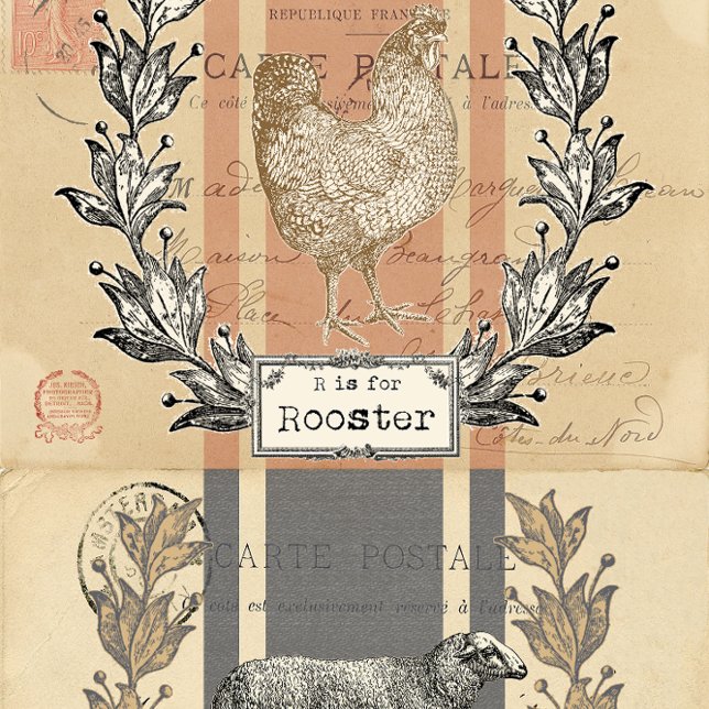 Farmhouse Sheep & Rooster Aged Postcard Decoupage Tissue Paper (Creator Uploaded)