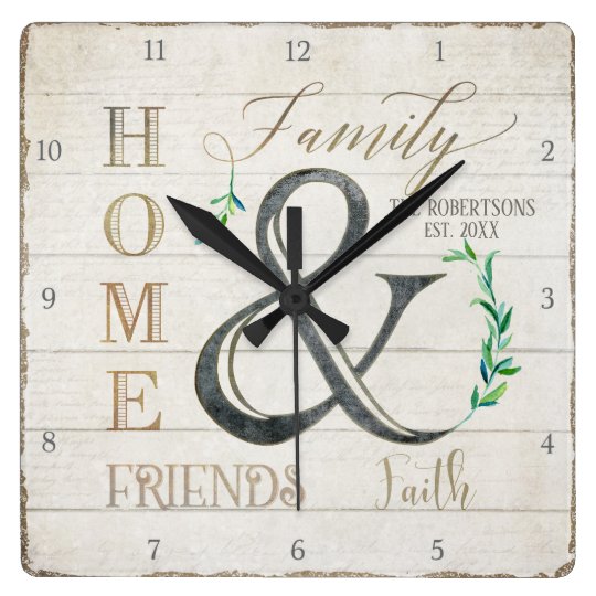 Farmhouse Shiplap Wood Home Friends Family Name Square Wall Clock