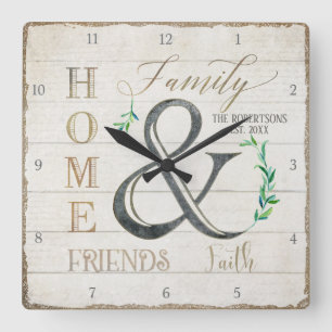 Farmhouse Shiplap Wood Home Friends Family Name Square Wall Clock