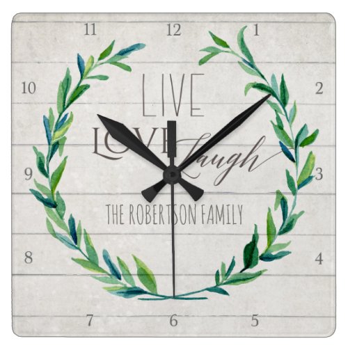 Farmhouse Shiplap Wood Rustic Leaf Wreath Family Square Wall Clock