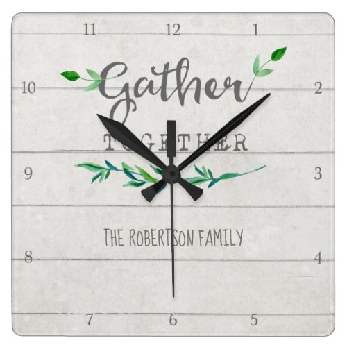 Farmhouse Shiplap Wood Simple Leaf Gather Together Square Wall Clock