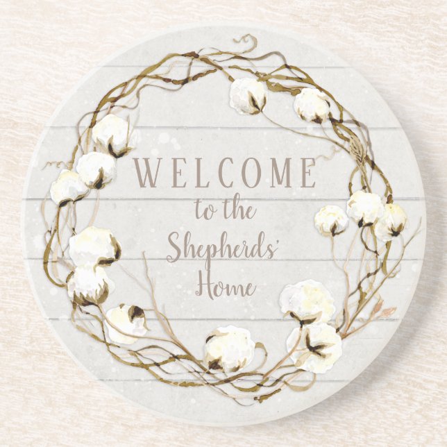 Farmhouse Shiplap Wood Twig Cotton Boll Wreath Sandstone Coaster (Front)