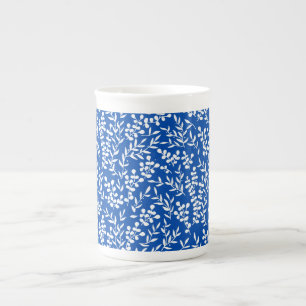 Farmhouse simple floral pattern on blue bone china mug