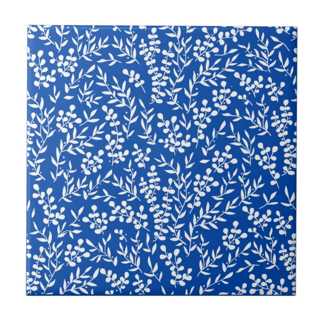 Farmhouse simple floral pattern on blue  ceramic tile (Front)