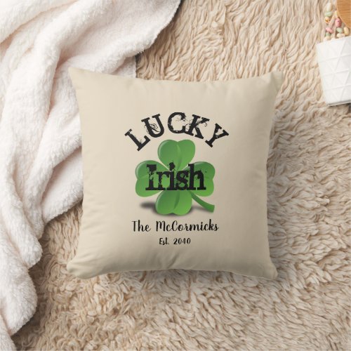 Farmhouse St Patricks Day Irish Beige Green Name Throw Pillow