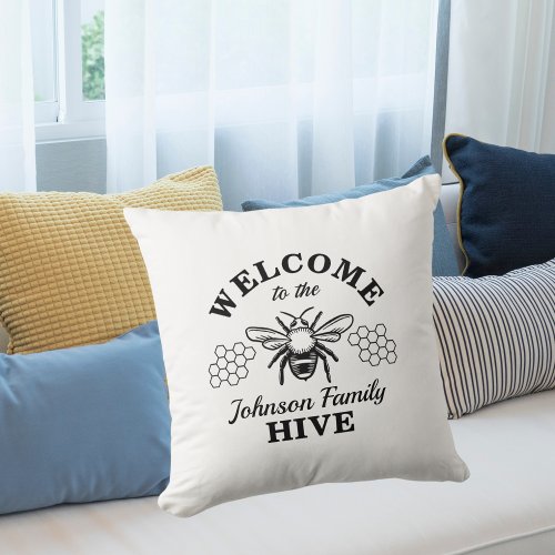 Farmhouse Stenciled Welcome to Our Hive Pillow 