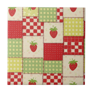 Farmhouse Strawberry Gingham Floral Pattern Ceramic Tile