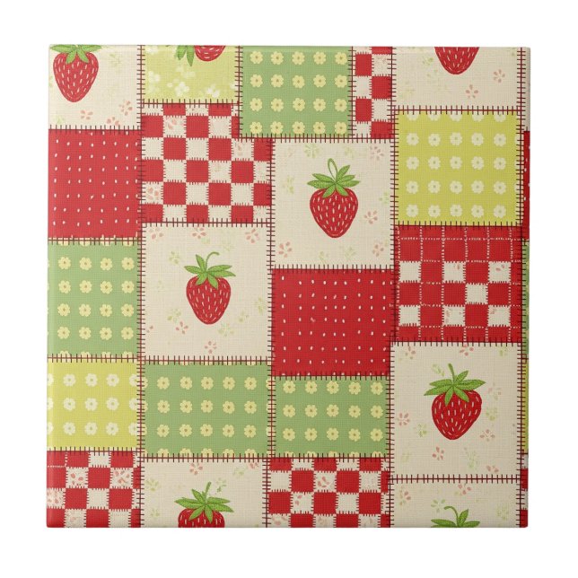 Farmhouse Strawberry Gingham Floral Pattern Ceramic Tile (Front)