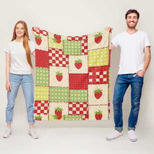 Farmhouse Strawberry Gingham Floral Pattern Fleece Blanket