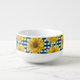 Farmhouse Style Blue Gingham Plaid with Sunflowers Soup Mug