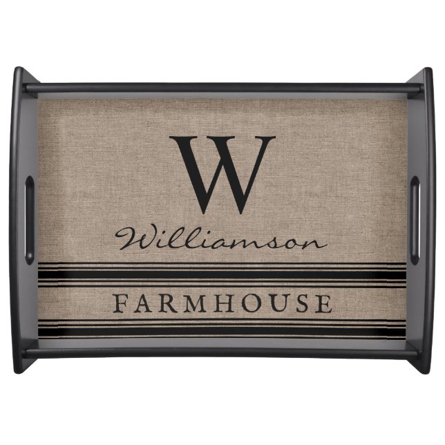 Farmhouse Style Burlap Monogrammed Family Name   Serving Tray (Front)
