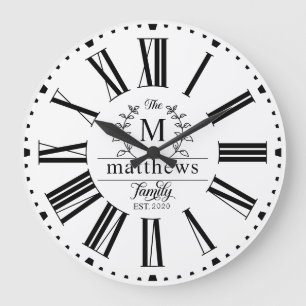 Farmhouse Style Family Monogram Name Laurel Wreath Large Clock
