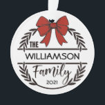 Farmhouse Style Family Monogram Name Wreath Photo  Ornament<br><div class="desc">Farmhouse Style Family Monogram Name Wreath Photo Ceramic Ornament - Your family name is featured front and center in our farmhouse style laurel holiday wreath. All topped off with a big red bow and date. The back of the ornament features your family photo. ou What a wonderful Christmas keepsake. Ornament...</div>