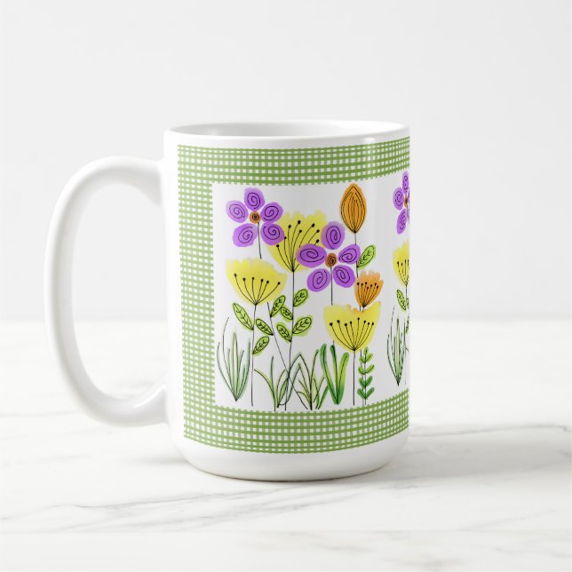 Farmhouse Style Flowers with Green Gingham  Coffee Mug (Left)