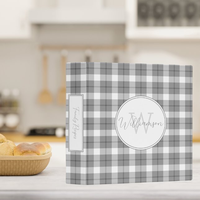 Farmhouse Style Gray & White Plaid Monogram Recipe 3 Ring Binder (Creator Uploaded)