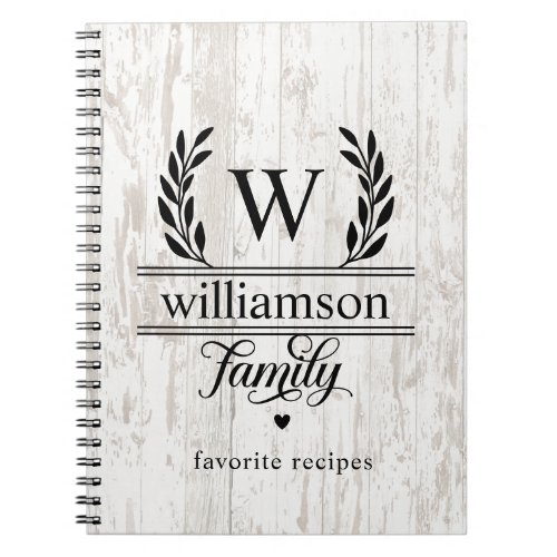 Farmhouse Style Laurel Monogram Family Name Recipe Notebook