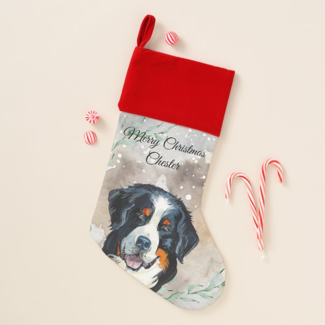 Farmhouse style Mountain dog custom name Christmas Stocking (Front)
