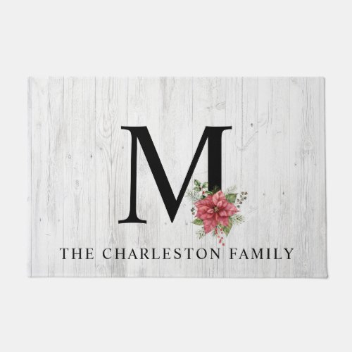Farmhouse Style Poinsettia Monogram Family Name  Doormat