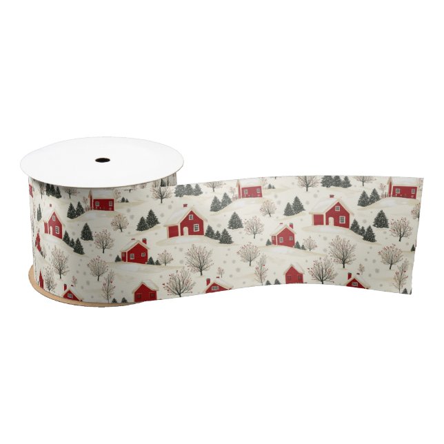 Farmhouse Style Red Winter House and Trees  Satin Ribbon (Spool)
