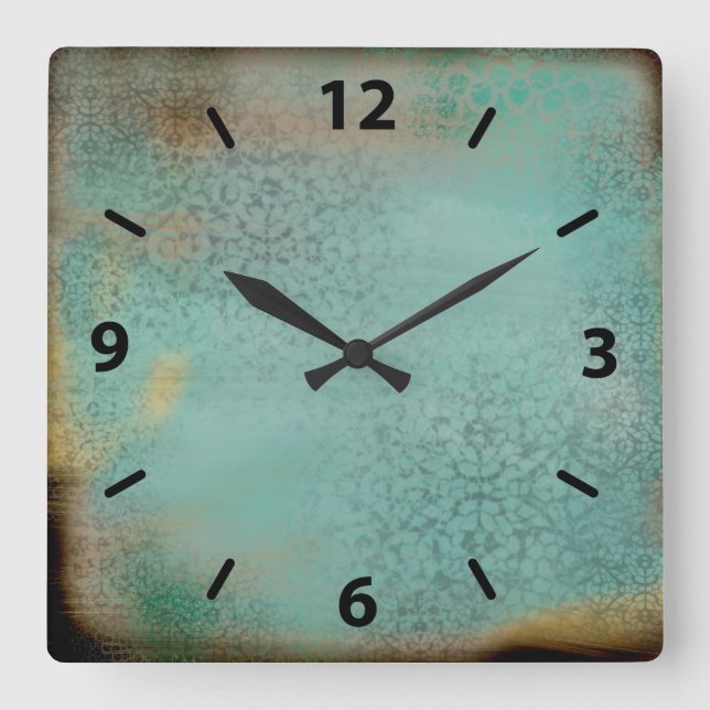 Farmhouse Style Rustic Antique Teal Faux Lace Square Wall Clock (Front)