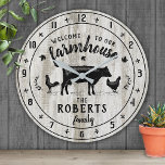 Farmhouse Style Rustic Barn Wood Cow Custom Name Round Clock<br><div class="desc">"Welcome to our farmhouse" wall clock with 1 cow silhouette,  2 chickens (1 hen,  1 rooster),  plus a leaf wreath and falling leaves. Pretty,  rustic farm look - light gray-white faux wood grain.</div>
