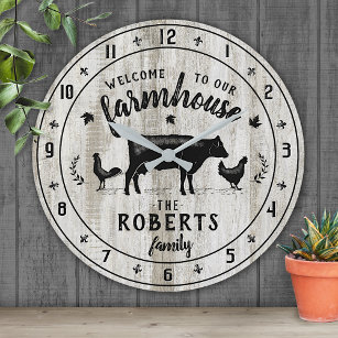 Farmhouse Style Rustic Barn Wood Cow Custom Name Round Clock
