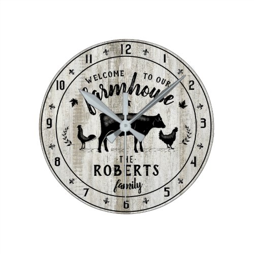 Farmhouse Style Rustic Barn Wood Cow Custom Name Round Clock
