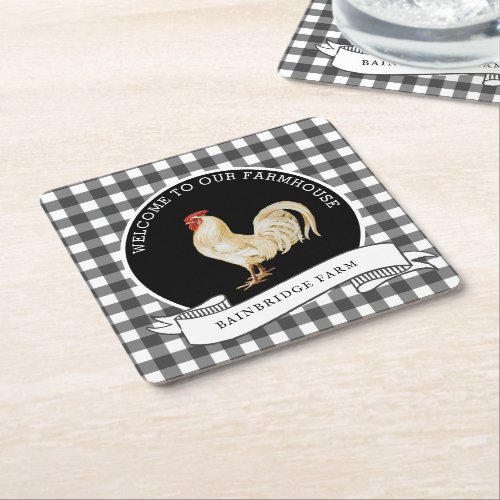 Farmhouse Style Rustic Country Rooster   Square Paper Coaster