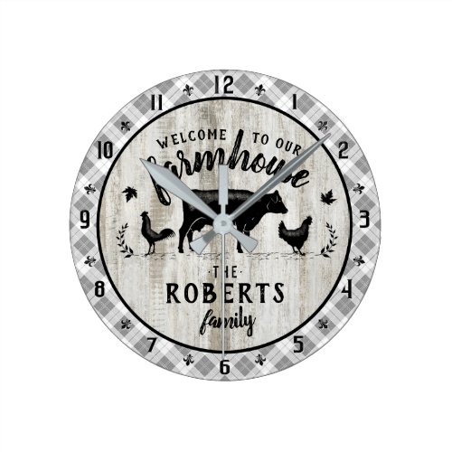Farmhouse Style Rustic Plaid Barn Wood Cow Custom Round Clock