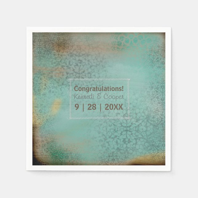 Farmhouse Style Rustic Teal Lace Personalize Paper Napkins (Front)