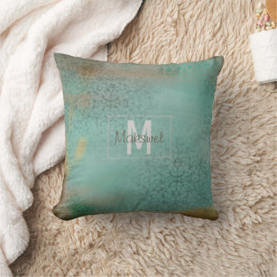 Buy handmade burlap ivory pillow with mint embroidery and monogram