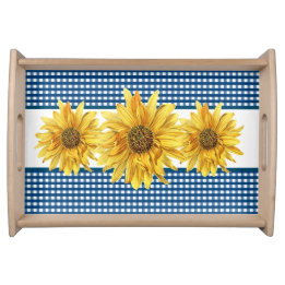 Farmhouse Style Sunflower with Navy Gingham Serving Tray