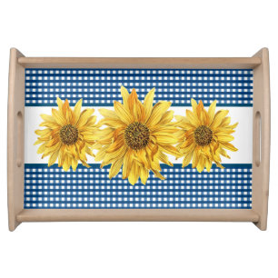 Farmhouse Style Sunflower with Navy Gingham Serving Tray