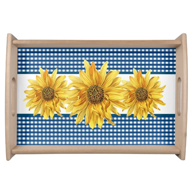 Farmhouse Style Sunflower with Navy Gingham Serving Tray (Front)