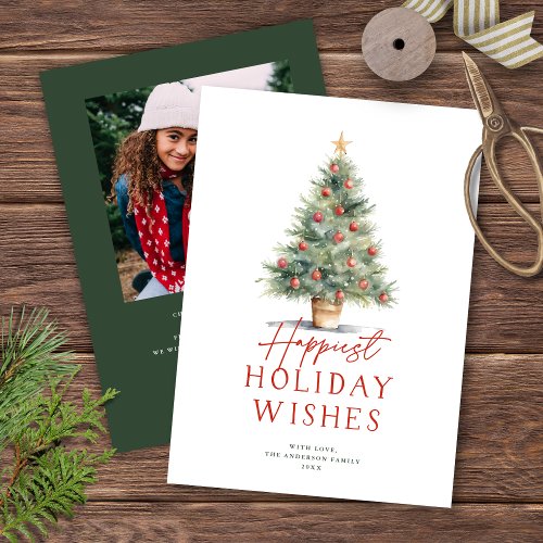 Farmhouse Style Watercolor Christmas Tree  Photo Holiday Card