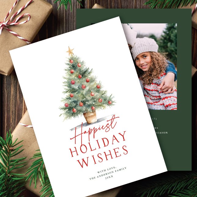 Farmhouse Style Watercolor Christmas Tree + Photo Holiday Card (Creator Uploaded)