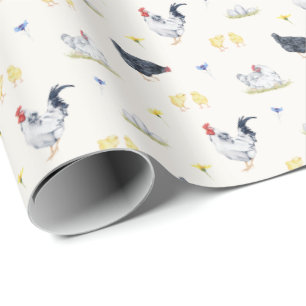 Farmhouse Style Watercolor Hens, Roosters & Chicks Wrapping Paper