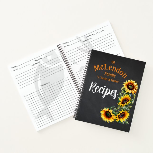 Farmhouse Sunflower Black Chalkboard Spiral Recipe Notebook (Inside)
