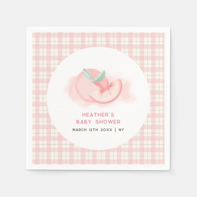 Farmhouse  Sweet Pink Gingham Peach Baby Shower  Napkins (Front)