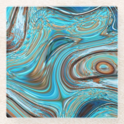 farmhouse  teal blue Woodgrain turquoise swirls Glass Coaster