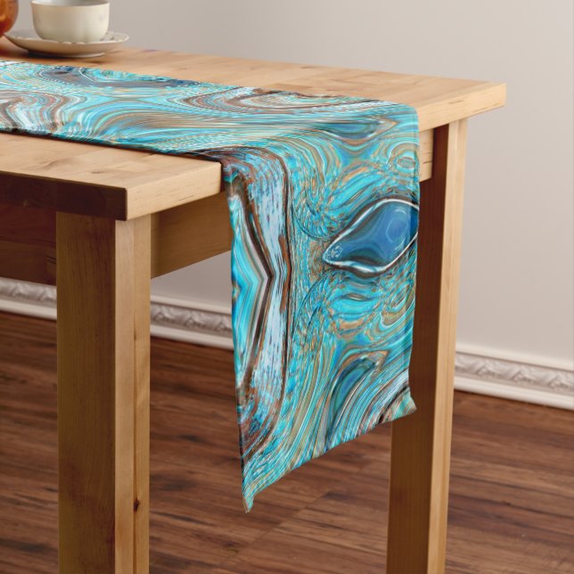 farmhouse  teal blue Woodgrain turquoise swirls Medium Table Runner (In Situ)