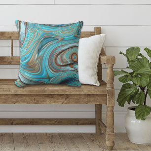 farmhouse teal blue Woodgrain turquoise swirls Outdoor Pillow