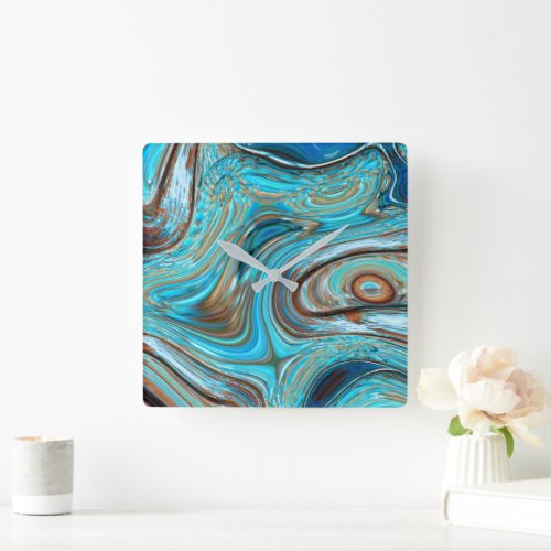 farmhouse teal blue Woodgrain turquoise swirls Square Wall Clock