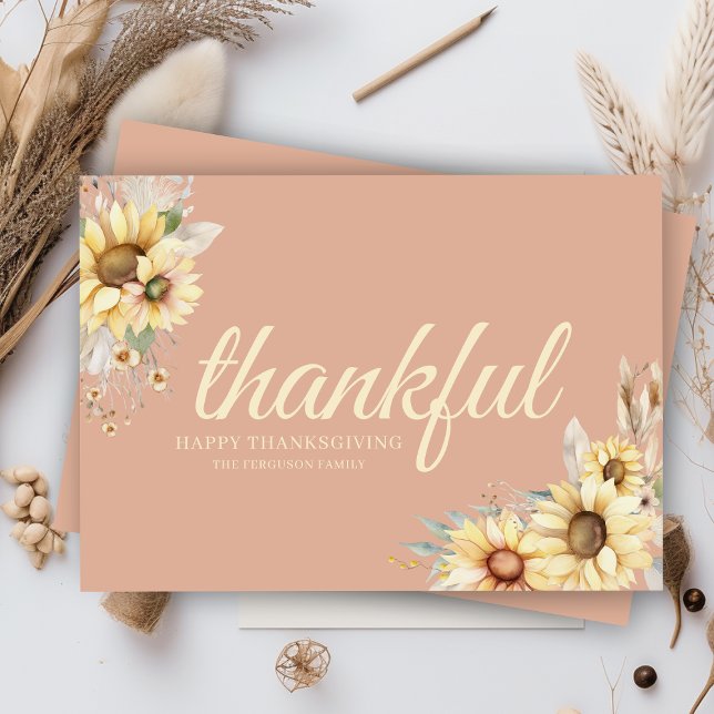 Farmhouse Thankful Floral Chic Happy Thanksgiving Holiday Card (elegant thankful happy thanksgiving farmhouse floral cards with family or business name and message)
