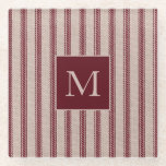 Farmhouse Ticking Grain Sack Country Monogrammed Glass Coaster<br><div class="desc">Farmhouse Style Ticking Stripe in Burgundy - Grain Sack Monogrammed Glass Coaster</div>