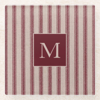 Farmhouse Ticking Grain Sack Country Monogrammed Glass Coaster