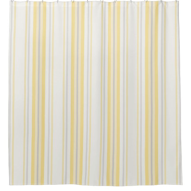 Farmhouse Ticking Stripes, Lemon Yellow, Gray Shower Curtain (Front)