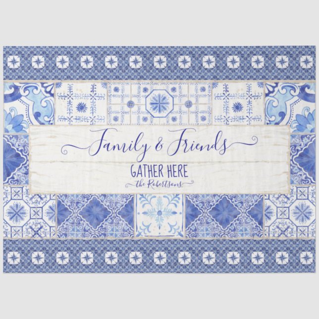 Farmhouse Tile Blue White Family Gather Decoupage Tissue Paper (Front)